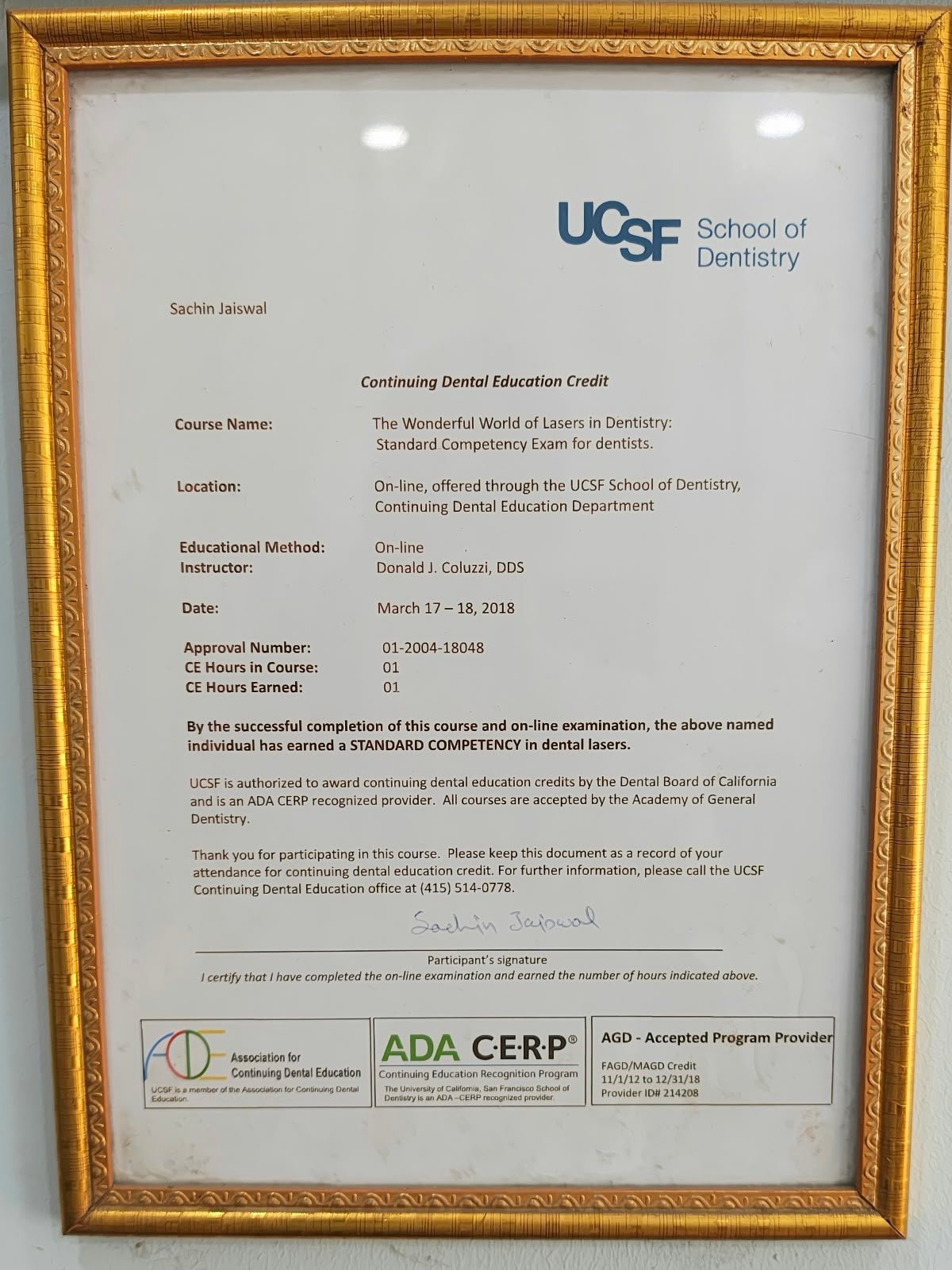 UCSF Laser Dentistry Standard Competency Certificate